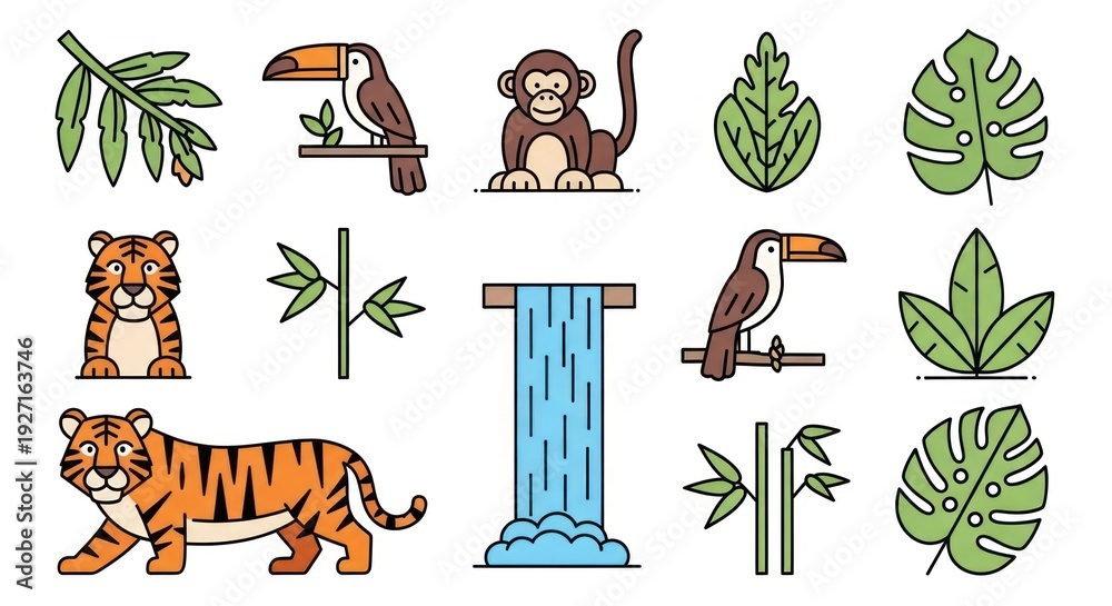 Fototapeta premium Jungle animals and elements vector illustrations with colorful outlines