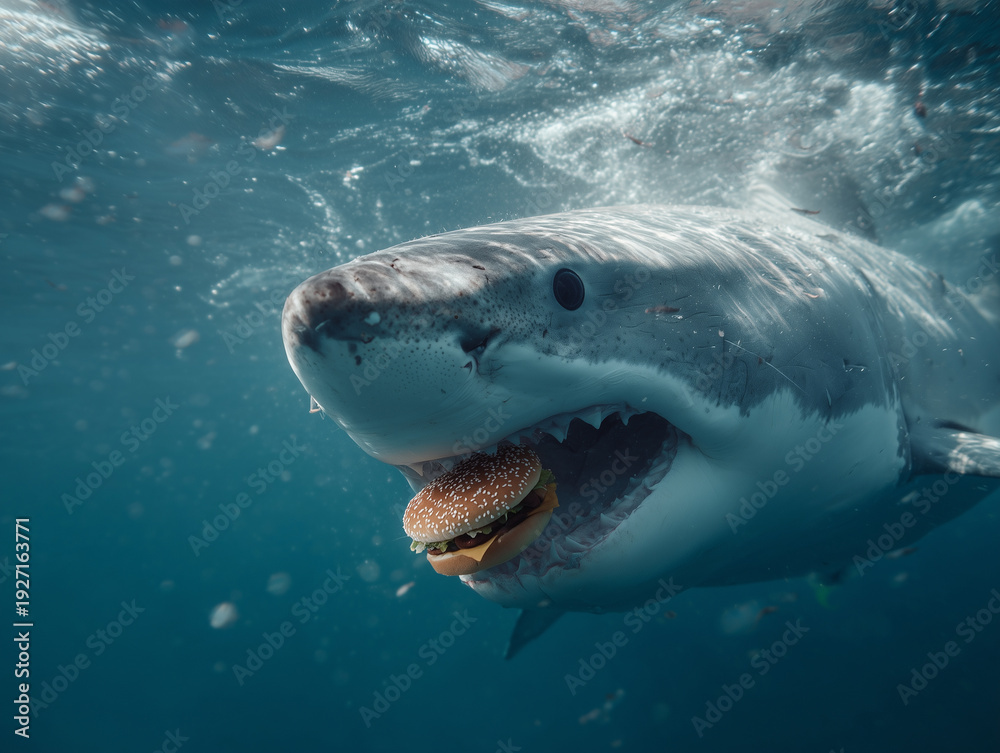 Naklejka premium An oceanic great white shark eats a hamburger