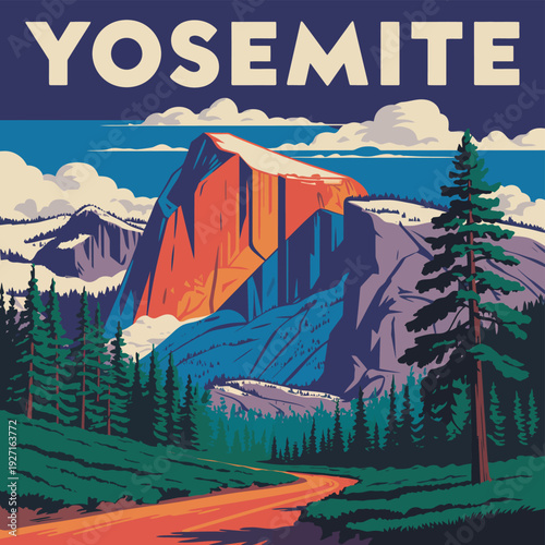 Yosemite Half Dome Travel poster, bold white typography with dramatic orange red mountain face