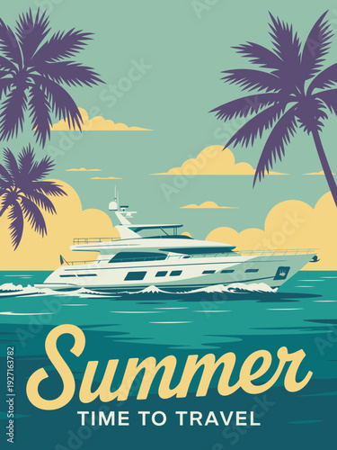 Modern Yacht Paradise poster, stylish cruise vessel framed by tall purple palm trees