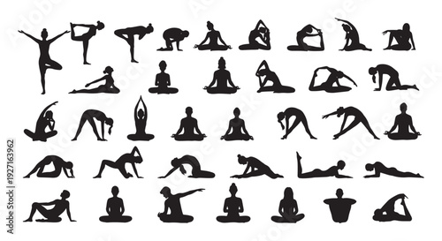 Yoga Poses Silhouettes Collection Showing Women in Meditation, Stretching, Balance and Flexibility Exercises