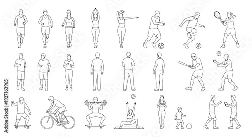 Line Art Sport and Fitness Poses Featuring Diverse Athletes Running, Cycling, Yoga, Team Sports