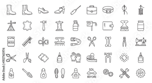 Shoe Repair and Cobbler Tools Icon Set — Leathercraft, Footwear Repair, Sewing and Maintenance Symbols