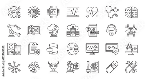 AI Medical Icons Set - Healthcare Technology, Telemedicine and Medical Line Icons for Health Design