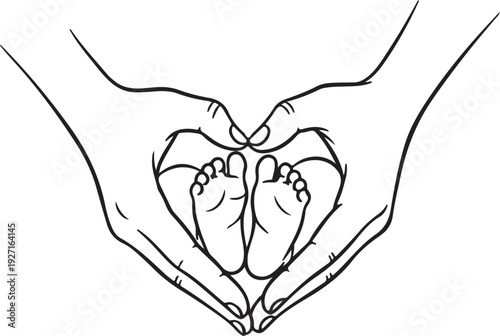 Hands forming heart shape around baby feet line art illustration symbolizing parental love and family connection bond