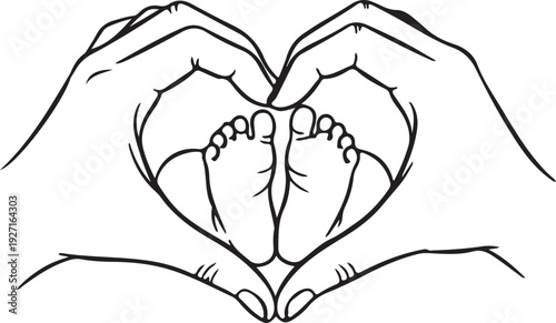 Heart shape hands holding tiny baby feet minimalist line drawing for nursery decor and maternity celebration graphics