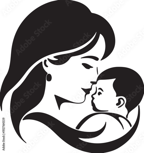 Mother hugging infant child silhouette representing maternity love female parent and newborn baby connection portrait