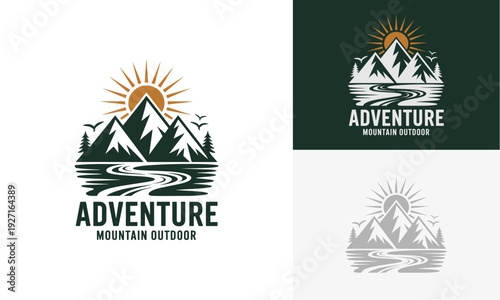 Mountain landscape with sunrise, river, and mountains in outdoor adventure illustration