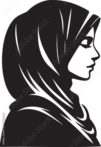 Silhouette profile of veiled woman with hijab, side view portrait of Muslim girl, vector illustration