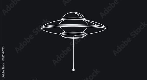 UFO Flying Saucer Single Line Icon with Light Beam, Minimalist Sci-Fi Outline
