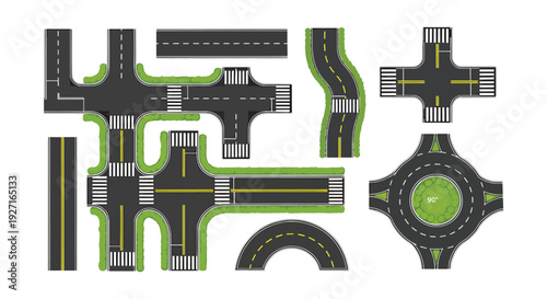 Top view asphalt road kit with roundabout and intersections. Modular street sections isolated on white background.