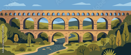 Flat vector illustration of a scenic ancient Roman aqueduct bridge spanning a lush green valley with a winding river, historical stone architecture, landmark monument, heritage site, landscape.