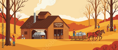 Flat Vector Illustration of a Traditional Maple Syrup Production Farm with a Sugar Shack, Evaporator, People Tapping Trees, Sap Buckets, and a Horse-Drawn Sled in a Beautiful Autumn Landscape.