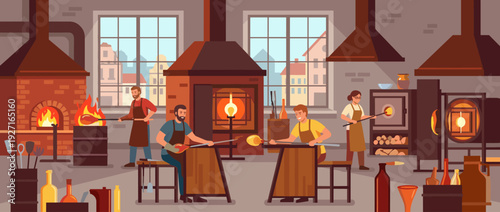 Flat vector illustration of a traditional glassblowing workshop with professional artisans shaping molten glass using blowpipes and furnaces in a studio filled with tools and glassware.