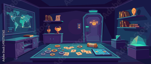 Modern escape room game interior vector illustration with puzzles, clues, and mystery elements. Includes a world map, locked door, gears, letters, and secret artifacts for an adventure quest.