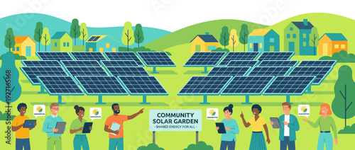 Modern Community Solar Garden Illustration with Shared Solar Panels and Diverse People Using Digital Tablets for Renewable Energy Subscriptions in a Sustainable Green Neighborhood Landscape.