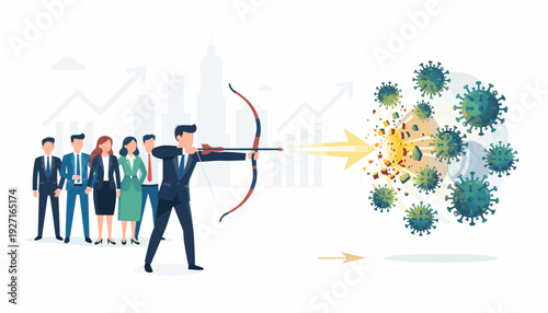 Business leader shooting a crossbow arrow at coronavirus cells to protect his team and company, representing the victory of mankind and economic recovery over the global pandemic crisis.