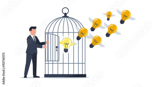 Businessman opening a birdcage to set free flying light bulb ideas. Concept of creative freedom, innovation, and breaking free from constraints. Flat vector illustration of business inspiration.