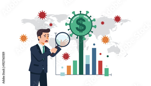 Businessman in Suit Analyzing Global Economic Impact of Coronavirus Pandemic with Magnifying Glass, Dollar Sign Inside Virus Cell, Financial Crisis, Market Volatility, and World Map Background
