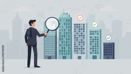 Businessman holding a magnifying glass to inspect and select city buildings for investment opportunities. Concept of real estate market analysis, property search, and corporate business growth.