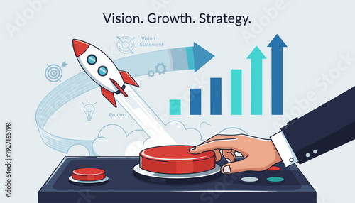 Business Startup Concept Illustration with Businessman Hand Pushing Red Button to Launch Rocket, Representing Vision, Growth, and Strategy with Bar Chart, Arrow, and Innovation Icons.