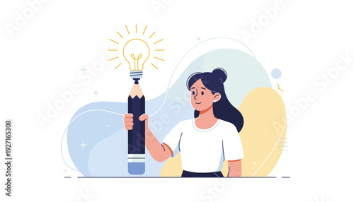 Young Woman Holding a Large Pencil with a Glowing Lightbulb on Top, Concept of Creative Thinking, Innovative Ideas, Inspiration, Education, and Artistic Design in a Modern Flat Vector Illustration
