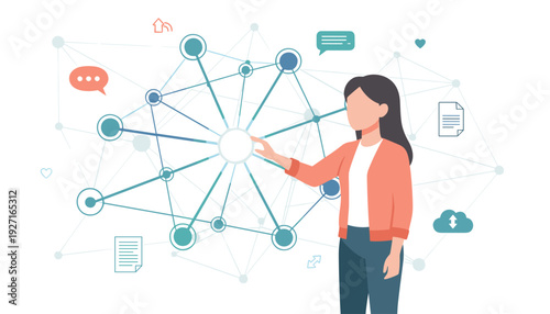 Woman Touching Digital Network Structure for Online Content Sharing, Social Media Activity, Data Connectivity, and Global Communication Concept. Flat Vector Illustration of Information Exchange.