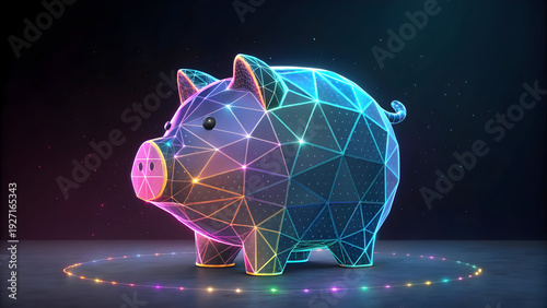 Polygonal holographic piggy bank with glowing neon lights on dark full hd 4k stock image download background 1