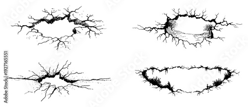 Set of ground cracks and earth fissures hand drawn illustrations