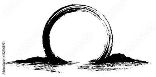 Abstract brush stroke circle looking like sun or moon over horizon