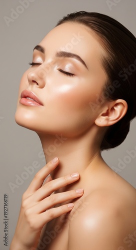 A radiant woman with a serene expression, showcasing her luminous and healthy skin, reflecting a glow of natural beauty and profound well-being, emphasizing timeless elegance and dermal vitality