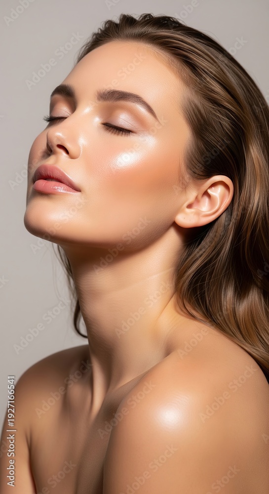 Naklejka premium Young woman with luminous, glowing skin and highlighted features, embodying radiant beauty and skincare