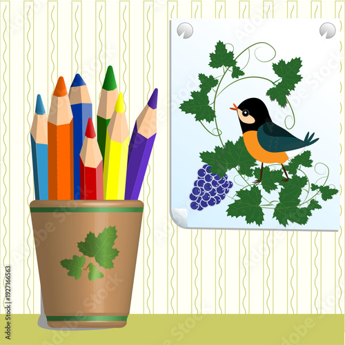 Pencils5 The image shows colored pencils in a glass. There is also a drawing of a bird among the leaves.