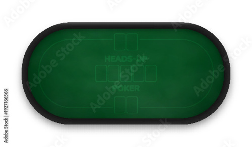 Green poker table top view. Heads-up layout with marked spots for two players and five community cards. Professional casino game design. Vector illustration.