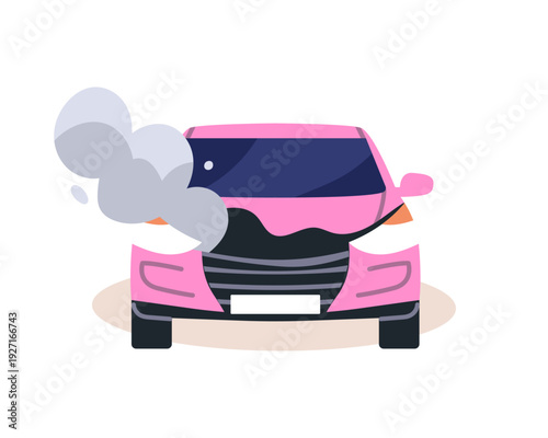Car breakdown, damaged automobile with engine smoke representing vehicle malfunction and emergency repair need, auto failure risk and road trouble situation flat vector illustration.
