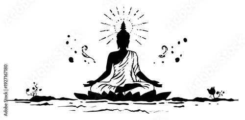 Meditating Buddha silhouette sitting on a lotus flower