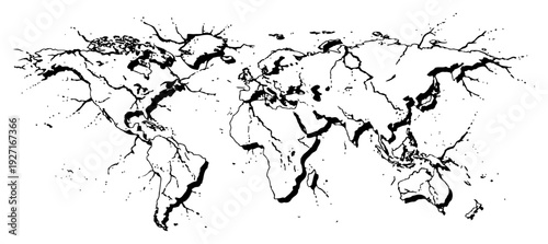 Fragmented world map illustration with dramatic cracks and jagged continent outlines