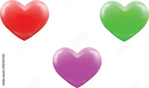 Colorful glossy heart shapes set in red green and purple