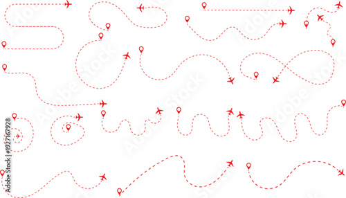 Airplane path in a dotted line shape. Airplane line routes set. Aircraft tracking. location pins isolated on white background