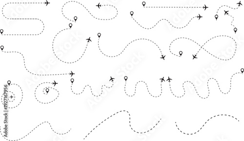 Various flight paths across a clean expanse, showcasing intricate and diverse air travel routes, plotted with precision to highlight trajectories and destinations.