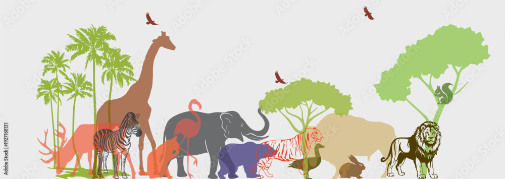 Naklejka premium safari wildlife animals together. Large group of African fauna background