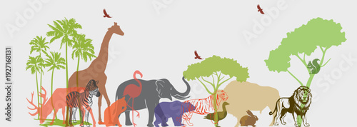 safari wildlife animals together. Large group of African fauna background