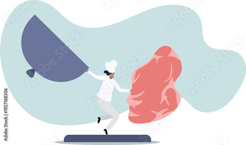 A chef in a hat holds a meat steak in his hand. Restaurant concept.