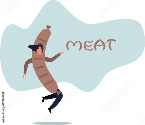 An animator dressed as a sausage points to a sign that says meat products concept.
