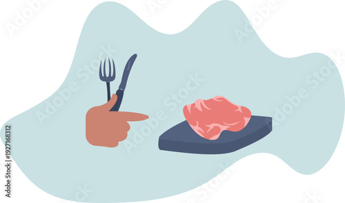 A hand with a knife and fork points to a delicious steak. Concept for snack bars and restaurants.
