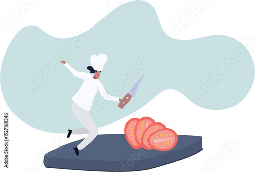 Chef with a knife and a sliced tomato. Food and vegetable concept.