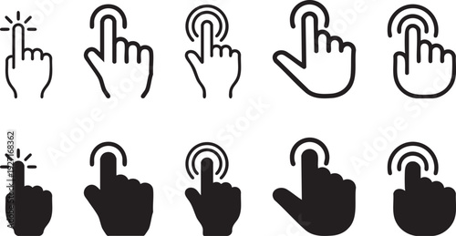 Collection of hand icons represent touching gestures and pointer symbols.