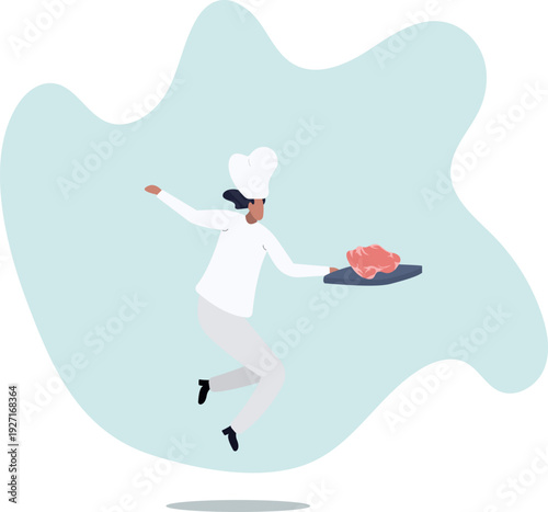 Chef with steak on stone cutting board.human life and situation.