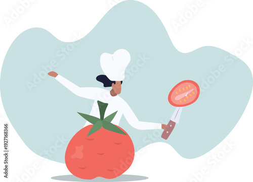 Chef with a piece of tomato on a knife. Concept of cooking and vegetarianism.