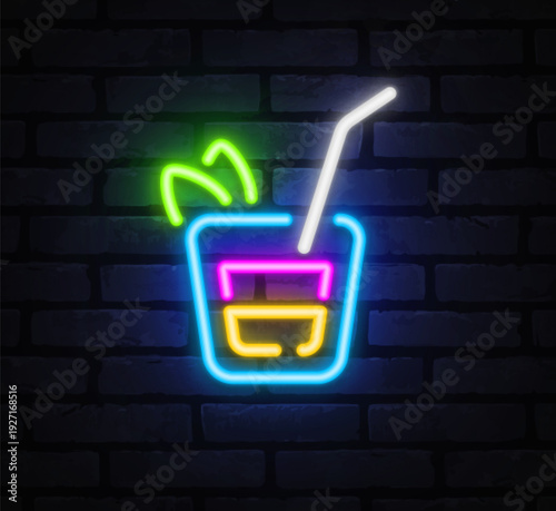 Neon vector illustration of a layered cocktail glass with straw and splash. Bright glowing lines create a vibrant nightlife mood. Perfect for bar signs, party posters, or beverage branding.